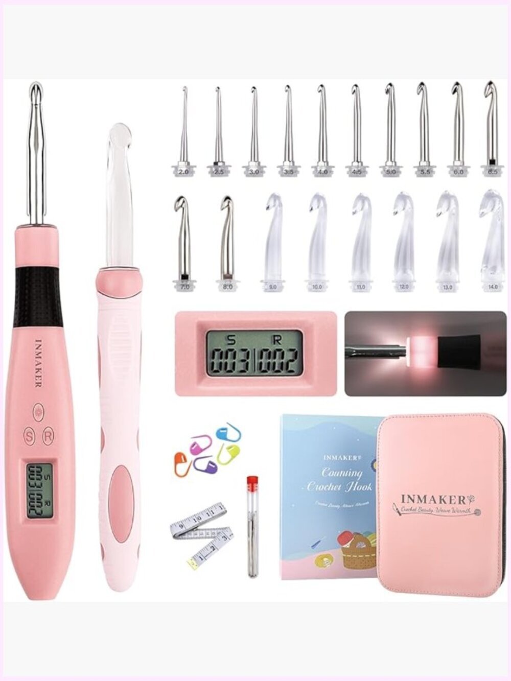Light Up Crochet Hook Set - 18pcs with Stitch Counter, Ergonomic Grip, LED